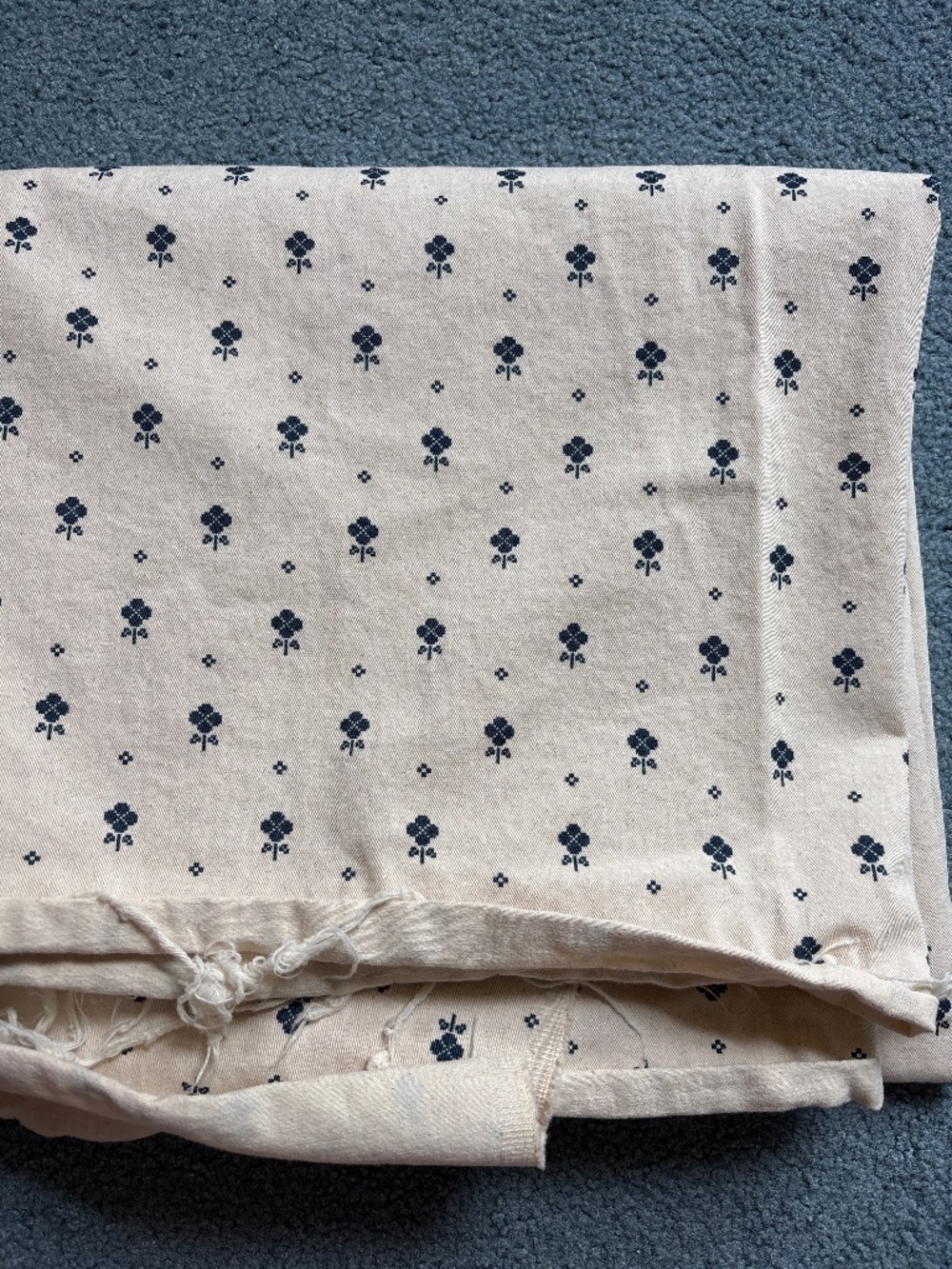 Cotton Twill Canvas fabric, cream and blue pixel flowers